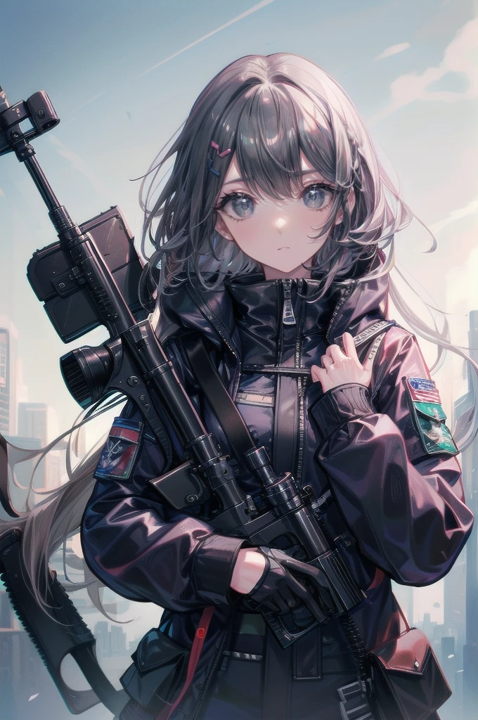 One Woman,Sniper兵,sniper rifle,Barrett M72,Playing a very long barrel, ((blue eyes,Gray Hair)) the woman is a survival game avatar,battle royale,Sniper,Close one eye,Target