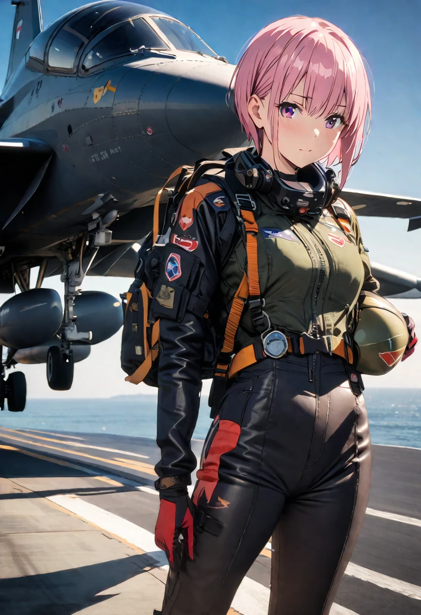 (Highest quality, 4K, 8k, High resolution, masterpiece:1.2), Very detailed, Picturesque, Anime style photo, Photo Anime:1.37)、Japanese、(Pink hair)、(pixie cut)、F-18.Standing on the deck of an aircraft carrier、Black choker、fighter pilot suit、(((She has a Pilot Flight Helmet with a single fleur-de-lis on it))).、Panoramic view、Nakano Ichika