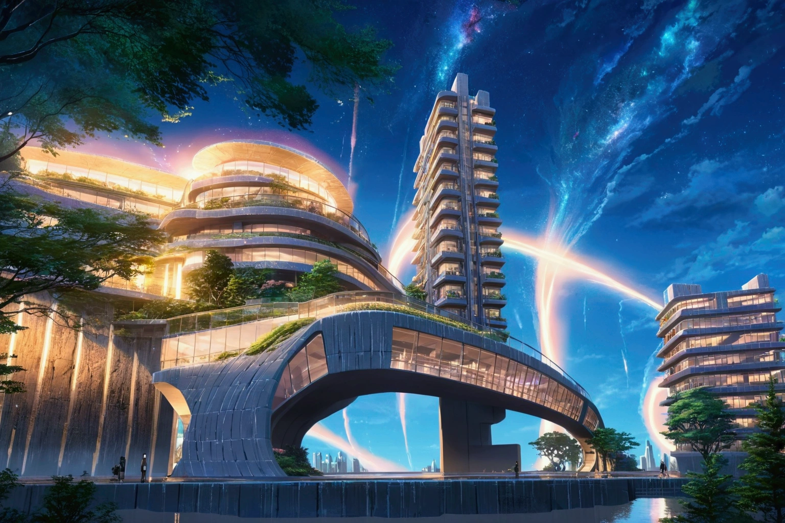 A highly detailed anime- Architecture, Ghibli studio style, masterpiece, official art, professional, ((ultra-detailed)), 8k, , city where everything is made of concrete, reflective surfaces and mirrors, creating infinite reflections and a sense of endless space. The architecture is abstract and futuristic, with floating buildings and pathways made of light. The sky is a shifting blend of colors, with auroras and shimmering lights creating an ethereal atmosphere. The city is inhabited by ethereal beings who navigate the mirrored landscape with grace and fluidity