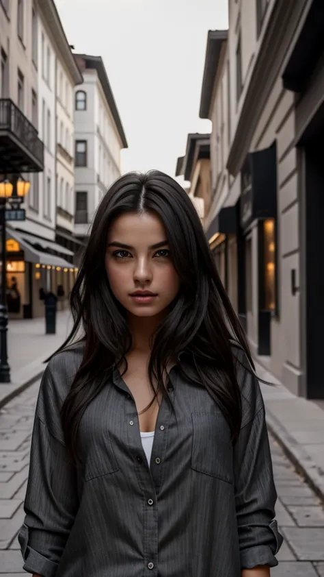 portrait beautiful girl dark hair, gray eyes, open shirt, lachs, on the street., the design creates an atmosphere of mystery, fa...