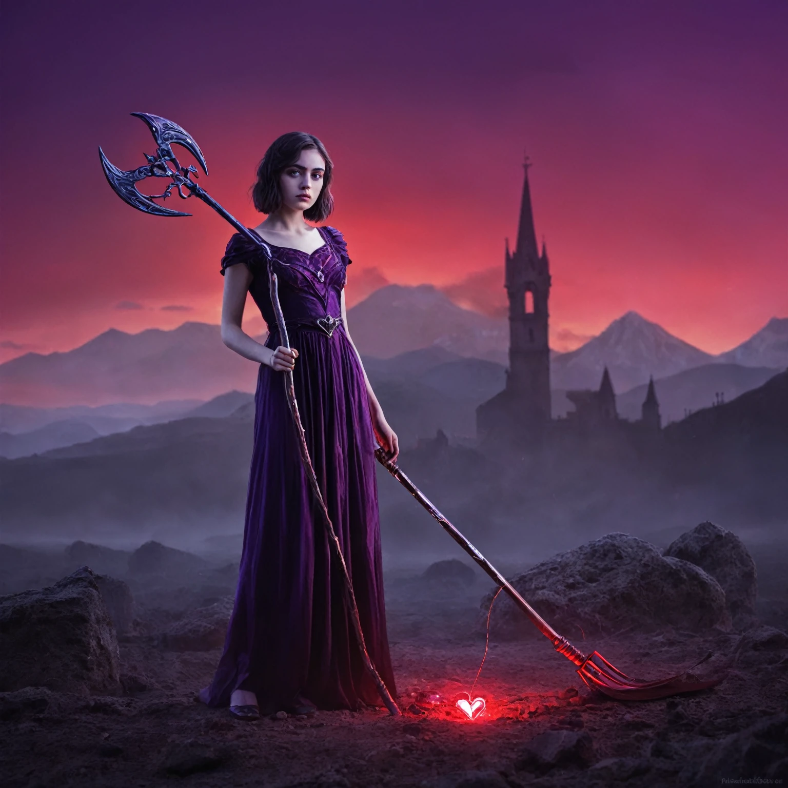 An artistic and stylized interpretation of death as a young girl. She is in a surreal and abstract landscape, where dark colors mix with intense red and purple tones. He holds a heart that appears to be made of broken glass in one hand and a scythe that glows with a soft light in the other. The scene has an air of sadness, but also of mysticism and deep symbolism.