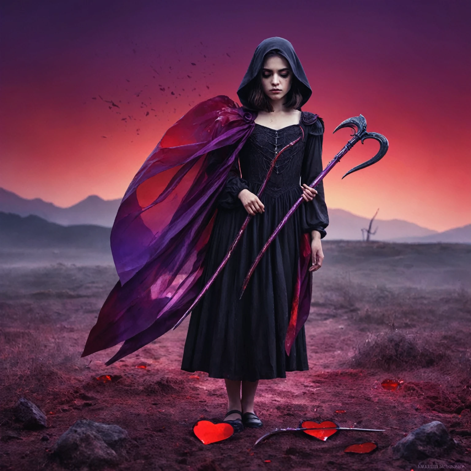 An artistic and stylized interpretation of death as a young girl. She is in a surreal and abstract landscape, where dark colors mix with intense red and purple tones. He holds a heart that appears to be made of broken glass in one hand and a scythe that glows with a soft light in the other. The scene has an air of sadness, but also of mysticism and deep symbolism.