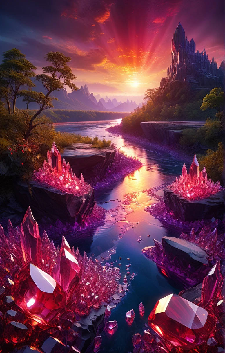 art by Phil Koch, detailed digital painting, Scarlet magic crystals on a vast landscape with a river, surrounding lush jungle, sunset color lighting, PURPLE, yellow, blue, ultra very detailed, very detailed, difficult, difficult pose, Clarity, high quality