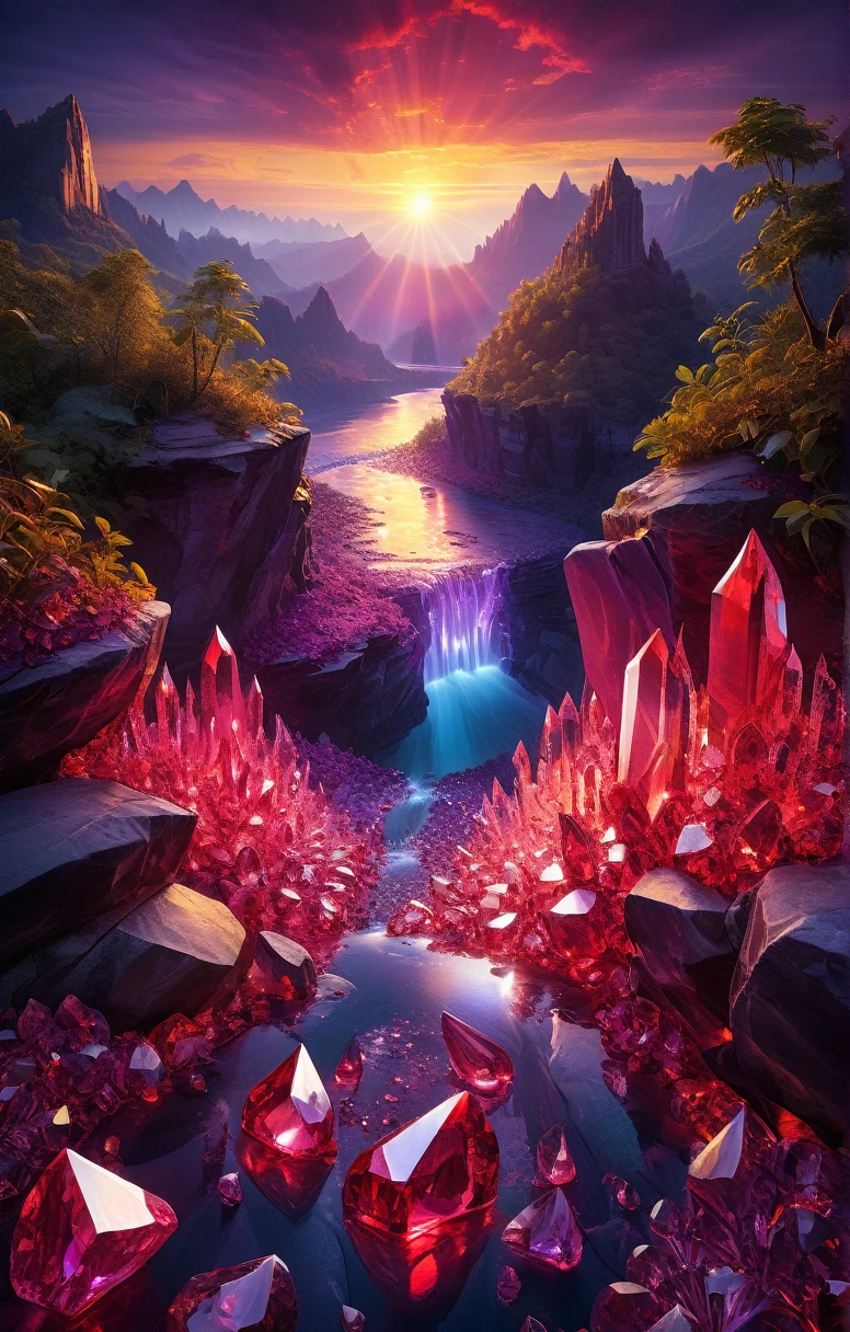 art by Phil Koch, detailed digital painting, Scarlet magic crystals on a vast landscape with a river, surrounding lush jungle, sunset color lighting, PURPLE, yellow, blue, ultra very detailed, very detailed, difficult, difficult pose, Clarity, high quality