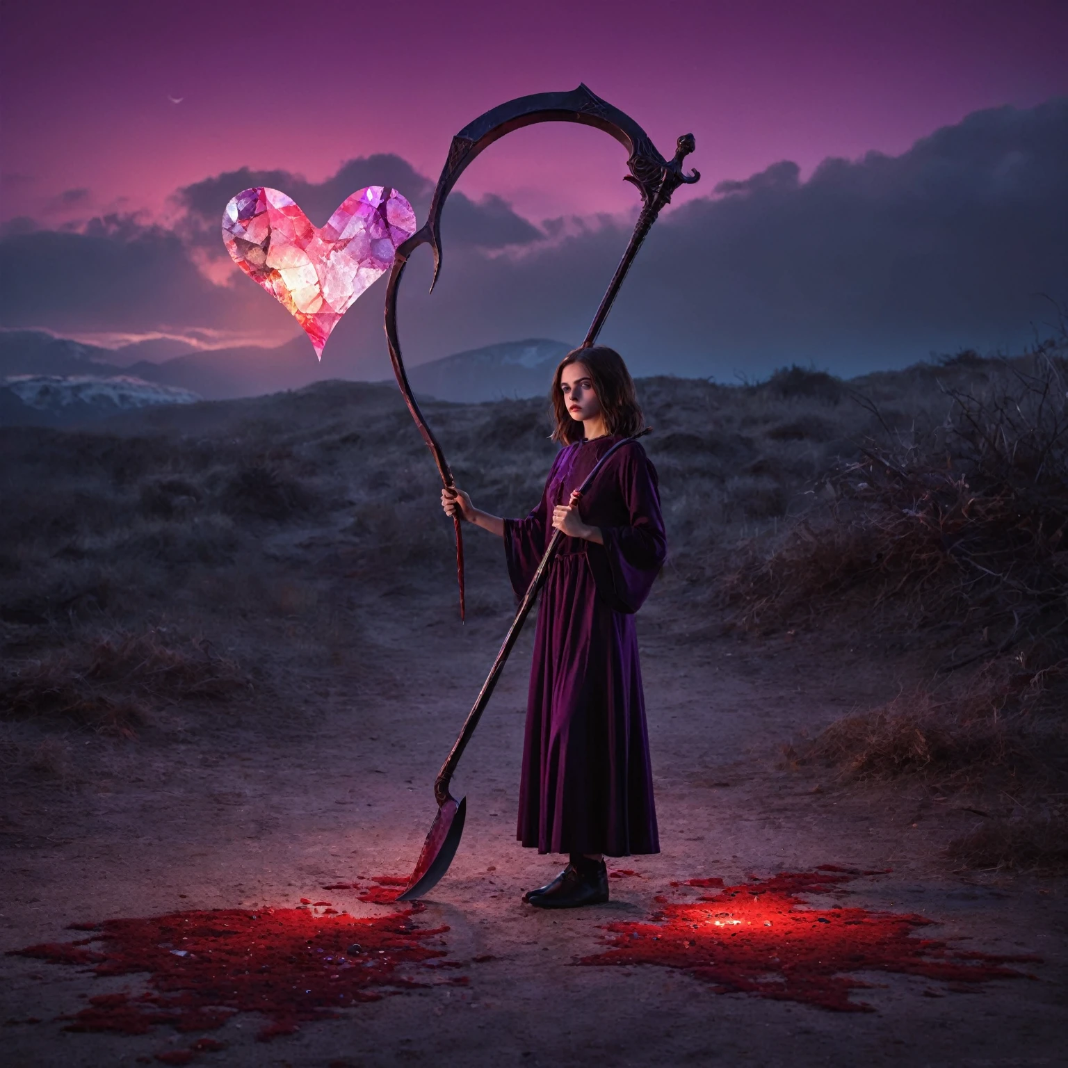 An artistic and stylized interpretation of death as a young girl. She is in a surreal and abstract landscape, where dark colors mix with intense red and purple tones. He holds a heart that appears to be made of broken glass in one hand and a scythe that glows with a soft light in the other. The scene has an air of sadness, but also of mysticism and deep symbolism.