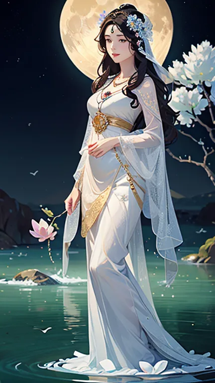 (masterpiece,highest quality,,8k,high resolution),one female,,compassionate mother kannon,black hair,,wave,,standing on the surf...