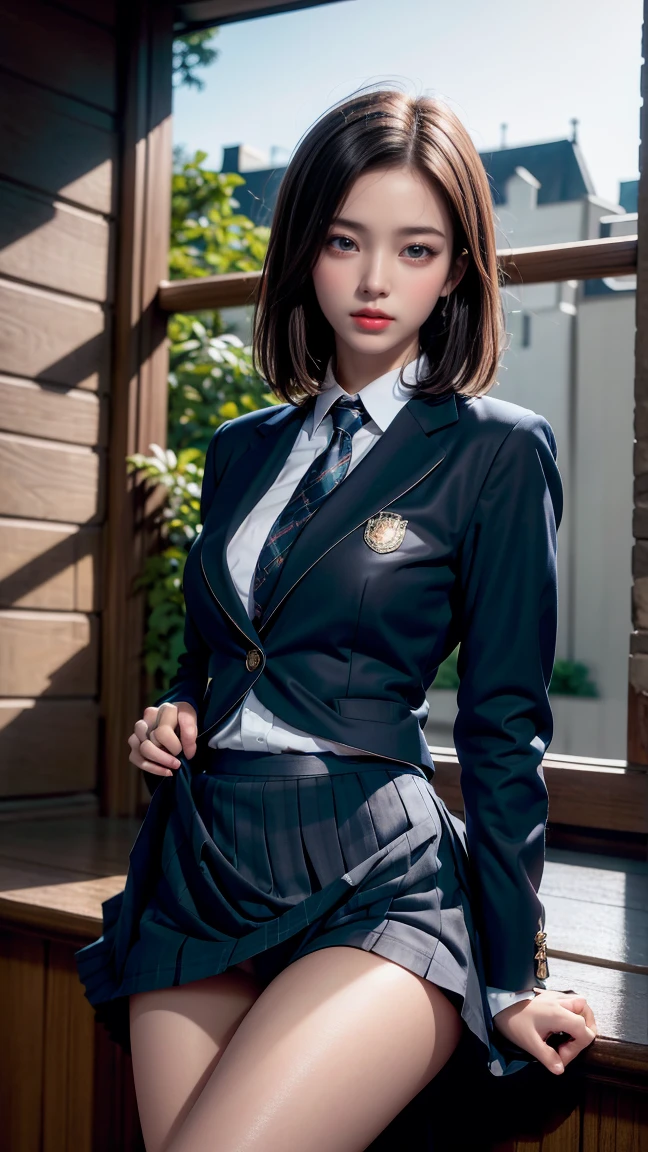 Top quality work，Actual work，Ultra Premium Graphics，8K HD CGオペレーション，High quality graphics、Short black bob hair and lip gloss)(((Roll up the skirt yourself)))，(I lifted it myself)，blazer)