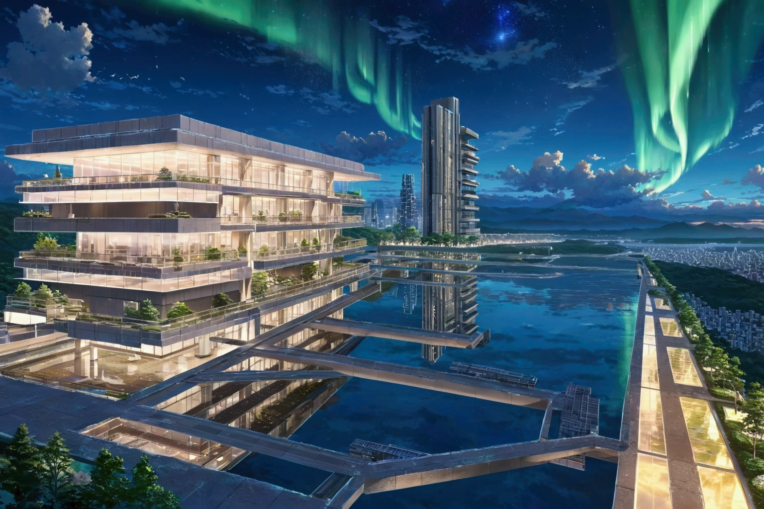 A highly detailed anime- Architecture, Ghibli studio style, masterpiece, official art, professional, ((ultra-detailed)), 8k, , city where everything is made of concrete, reflective surfaces and mirrors, creating infinite reflections and a sense of endless space. The architecture is abstract and futuristic, with floating buildings and pathways made of light. The sky is a shifting blend of colors, with auroras and shimmering lights creating an ethereal atmosphere. The city is inhabited by ethereal beings who navigate the mirrored landscape with grace and fluidity