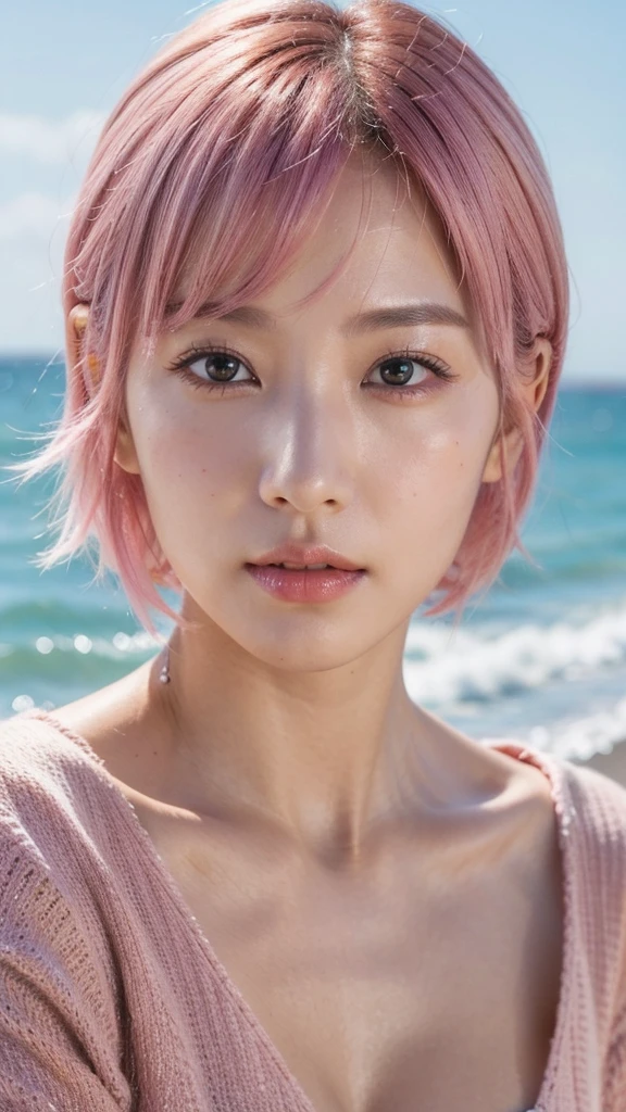 Model actress、One Woman、cool、Japanese and half European、Close-up of face、30 generation beauty、Realistic Skin、Seaside、4K images、bright pink hair、Short Hair