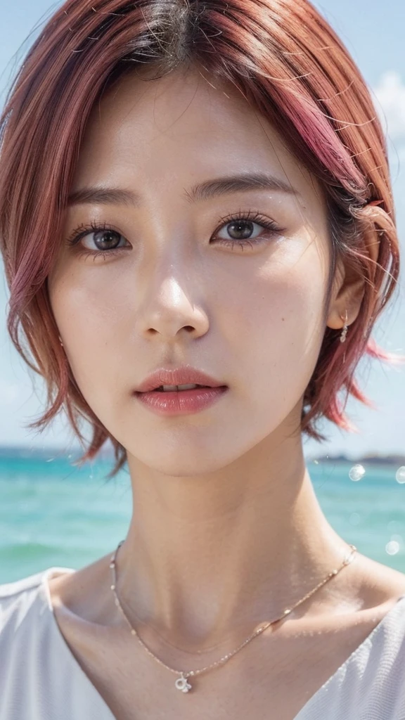 Model actress、One Woman、cool、Japanese and half European、Close-up of face、30 generation beauty、Realistic Skin、Seaside、4K images、bright pink hair、Short Hair