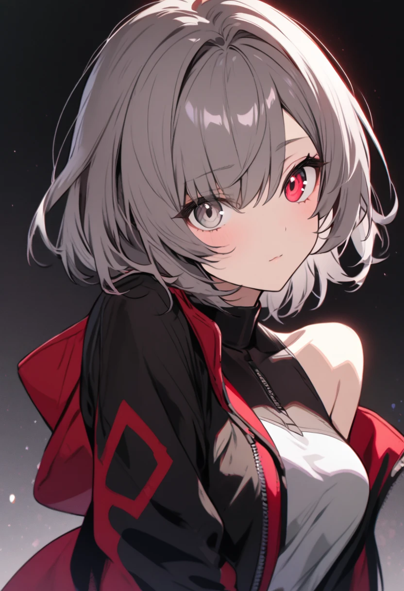 high resolution , cute ,One Woman , Gray Hair, Two-tone black ,short hair , Beautiful Eyes ,red and black heterochromia ,♰Eyes and shoulders are protruding ,Jacket