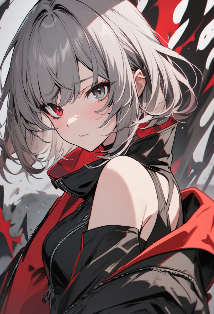 high resolution , cute ,One Woman , Gray Hair, Two-tone black ,short hair , Beautiful Eyes ,red and black heterochromia ,♰Eyes and shoulders are protruding ,Jacket