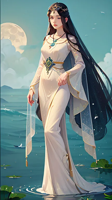 (masterpiece,highest quality,,8k,high resolution),one female,,compassionate mother kannon,black hair,,wave,,standing on the surf...