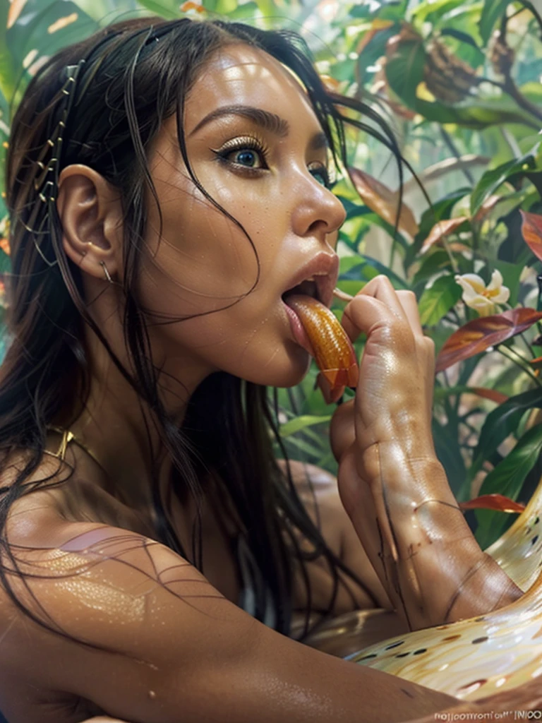 ((A woman lick a large anthurium flower, golden nectar flows from the flower )), Hyper photo realistic. Higheast quality. Masterpiece.Hyper realistic human features. Perfect facial features. topless, The woman has biomorphic, futuristic armor, hair composed of interlaced, net like, shapes and forms. (Sharp focused background jungle of biomorhic orbs and large spececraft.). Include the colors white, turquoise, orange and copper. Vanilla sky. Art by Todd Lockwood, Otto Pilny, Otto Rapp, and Peter Gric. Cgsociety, gothic art, fractalism, fantasy, dystopian art, neo-figurative, vray tracing Trending on zbrush central, fantasy art, zbrush, biomorphic, fractalism. Smooth, sharp focus. A photo realistic, surreal, image of a female that transcends the boundaries of reality and imagination.The image should evoke a sense of wonder and mystery. Porcelain. 8k