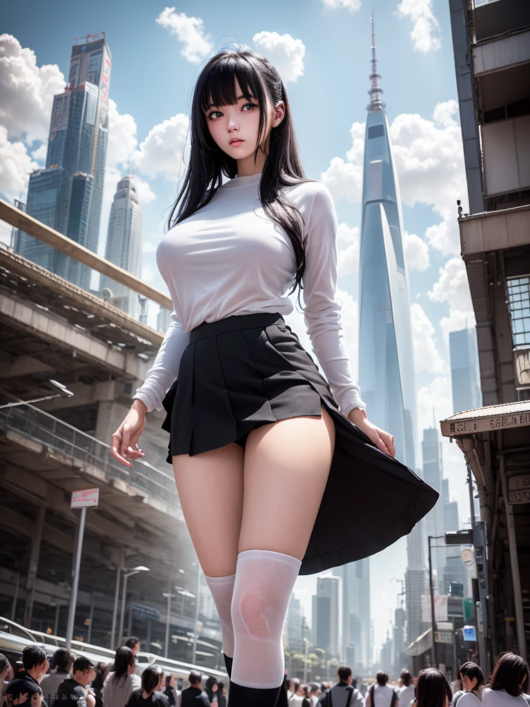 Surreal, masterpiece, highly detailed, sci-fi, dystopia, (beautiful eyes), (bangs), black hair, Japanese young beauty, detailed face, detailed skin, baggy clothes, high socks, skirt, pastel Light, underground scattering, ((skyline)), cumulonimbus clouds, busy streets, pollution, dust.