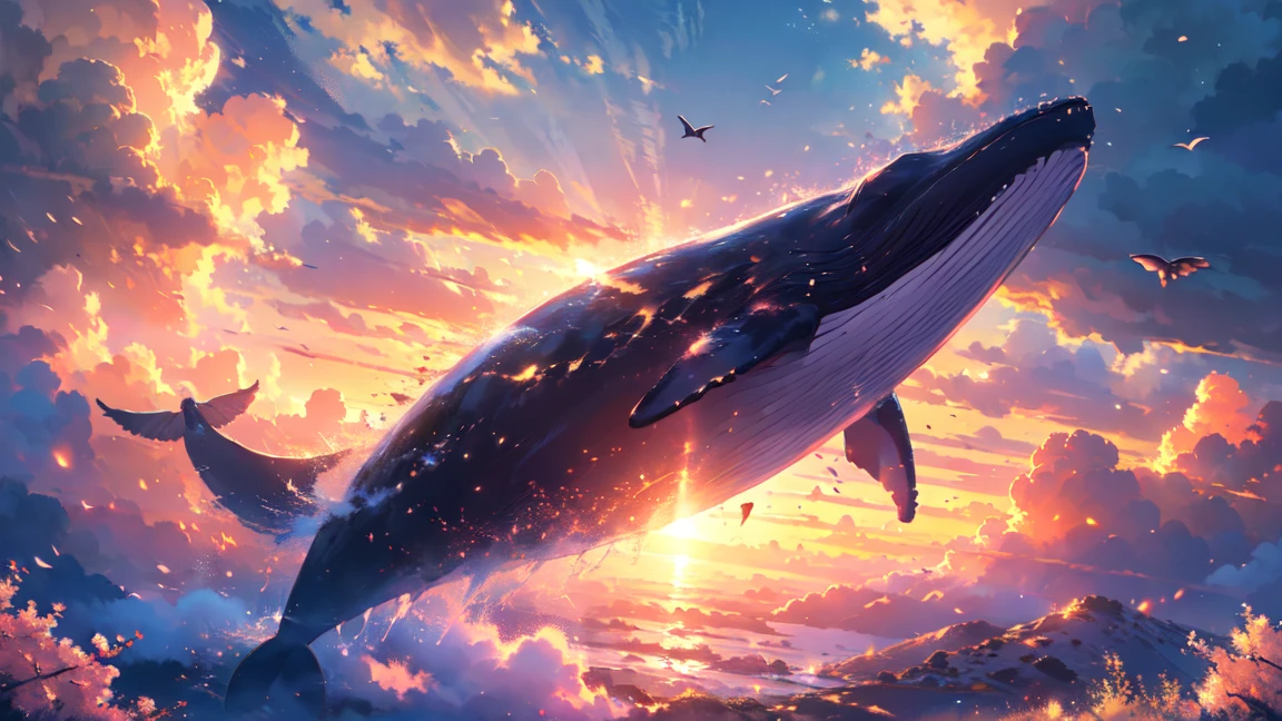 a whale flying , cloudy, dark, imaginative, mysterious clouds, only window light, whale, flying, full of cherry blossoms, (best quality,4k,8k,highres,masterpiece:1.2),ultra-detailed,(realistic,photorealistic,photo-realistic:1.37),HDR,UHD,studio lighting,ultra-fine painting,sharp focus,physically-based rendering,extreme detail description,professional,vivid colors,bokeh,surreal,fantastical,dramatic lighting