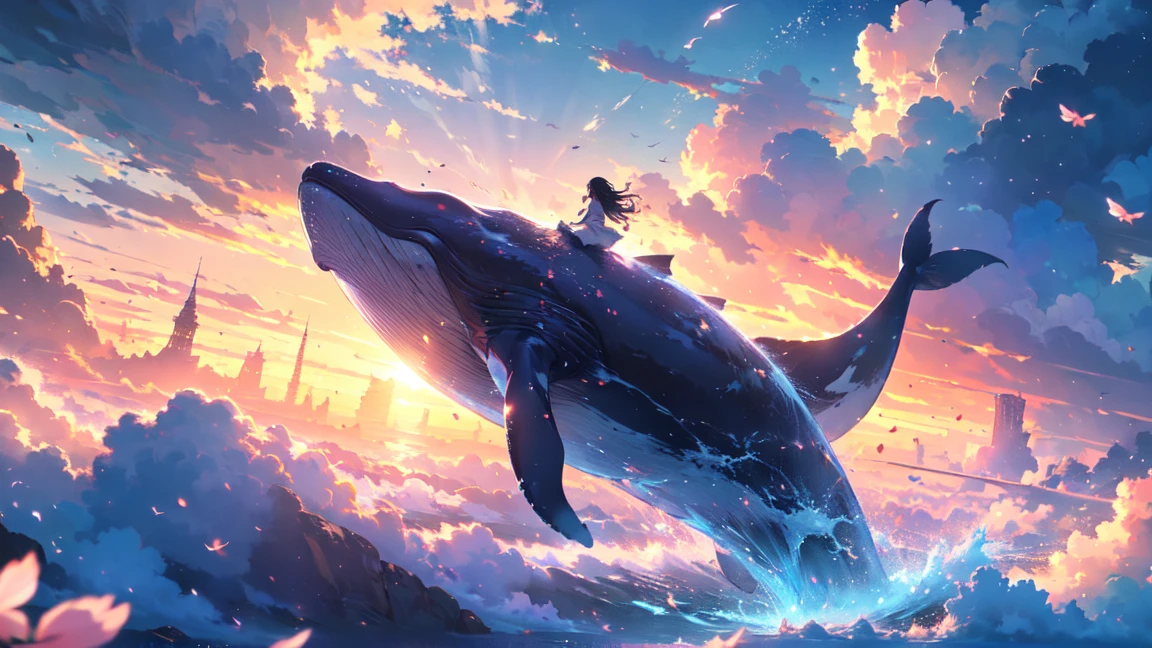 in a whimsical fantasy kingdom, a majestic and translucent whale soars through the sky, defying the laws of nature. its immense form emits a cold light, in this high-resolution image，every flowing curve and wrinkle is captured in exquisite detail. cherry blossoms gently drift through the surrounding air, delicate petals unfold and cascade like rain, falling from ethereal branches，these branches cling tightly to the colossal body of this magical behemoth. the fantastical landscape surrounding this aerial spectacle bursts with vibrant hues, As if illuminated
