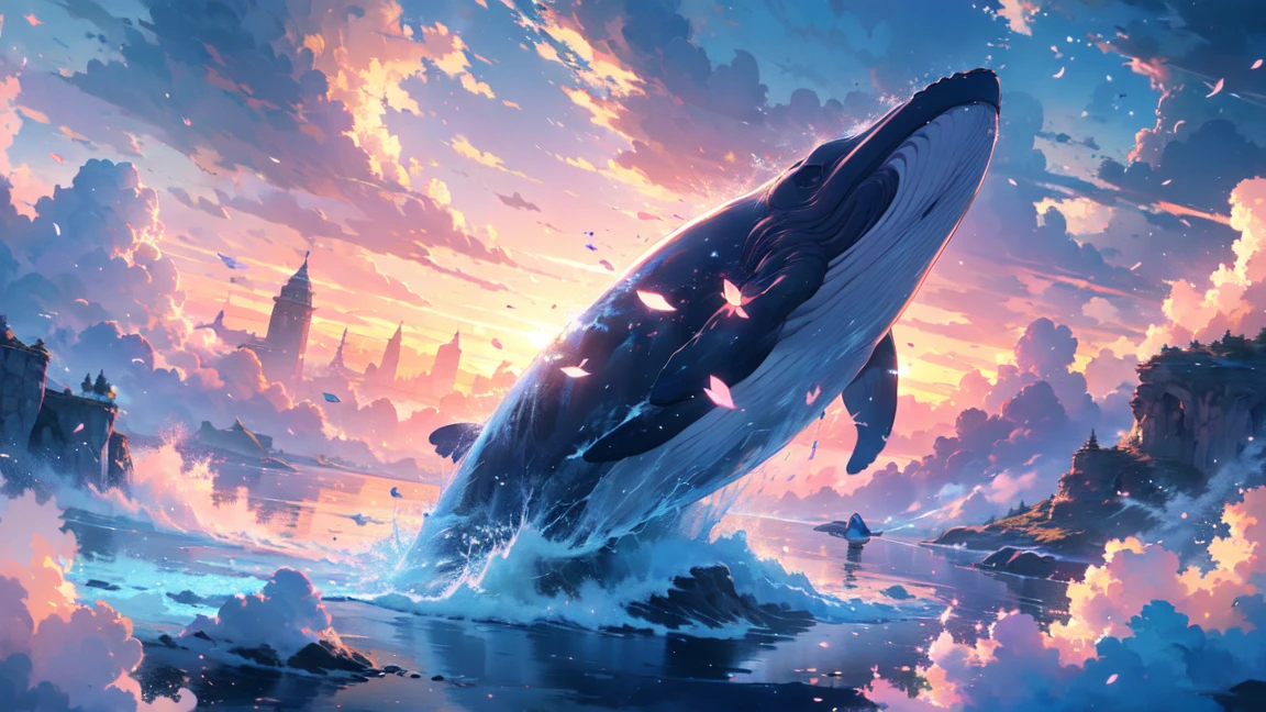 in a whimsical fantasy kingdom, a majestic and translucent whale soars through the sky, defying the laws of nature. its immense form emits a cold light, in this high-resolution image，every flowing curve and wrinkle is captured in exquisite detail. cherry blossoms gently drift through the surrounding air, delicate petals unfold and cascade like rain, falling from ethereal branches，these branches cling tightly to the colossal body of this magical behemoth. the fantastical landscape surrounding this aerial spectacle bursts with vibrant hues, As if illuminated
