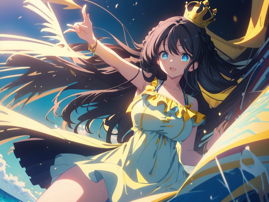 best quality, extremely detailed,anime style 1girl,long hair down to the waist, straight hair, ((((dark black hair with bluish)))),((crown braid)),beautiful detailed eyes, pinched eyes, (dark blue eyes),((huge breasts)),curvy,((((yellow and light blue idol Summerdress)))),Fine decoration,clothing with complex patterns,((((beach idol stage)))),((Detailed background)),((Comfortable posture)),smile,((singing)),((((dynamic angle))))