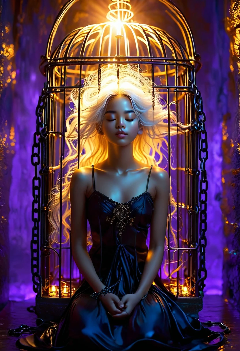 Start with a golden cage bathed in a mysterious black light, creating a sense of confinement and secrecy. The golden cage should have intricate details like iron bars and chains, suggesting imprisonment or restraint, BREAK
In the center of this golden cage, depict a (((beautiful))) darkskin androgen with long white hair, blindfolded with a black cloth. She should be in a prayerful pose, offering her prayers with an expression of serene solemnity. Her beautiful unique features, like alabaster skin and possibly discernible white hair, should stand out against the dark setting, BREAK
Include details like flickering candlelight in the foreground, casting a warm glow and creating shadows that dance across the girl and the room. The candlelight should provide the main source of illumination, adding to the mystical and somber atmosphere, BREAK
Apply a shallow focus effect to the image, where the girl and the nearest elements like the candlelight and some of the chains are in sharp focus, while the background, including parts of the room and some iron bars, softly blur into the purple light, BREAK
Ensure the overall atmosphere of the image is one of solemnity and mystery, with the androgen's sacred presence and the room's eerie ambiance synergistically creating a powerful visual narrative.