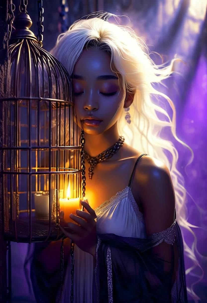 Start with a golden cage bathed in a mysterious black light, creating a sense of confinement and secrecy. The golden cage should have intricate details like iron bars and chains, suggesting imprisonment or restraint, BREAK
In the center of this golden cage, depict a (((beautiful))) darkskin androgen with long white hair, blindfolded with a black cloth. She should be in a prayerful pose, offering her prayers with an expression of serene solemnity. Her beautiful unique features, like alabaster skin and possibly discernible white hair, should stand out against the dark setting, BREAK
Include details like flickering candlelight in the foreground, casting a warm glow and creating shadows that dance across the girl and the room. The candlelight should provide the main source of illumination, adding to the mystical and somber atmosphere, BREAK
Apply a shallow focus effect to the image, where the girl and the nearest elements like the candlelight and some of the chains are in sharp focus, while the background, including parts of the room and some iron bars, softly blur into the purple light, BREAK
Ensure the overall atmosphere of the image is one of solemnity and mystery, with the androgen's sacred presence and the room's eerie ambiance synergistically creating a powerful visual narrative.