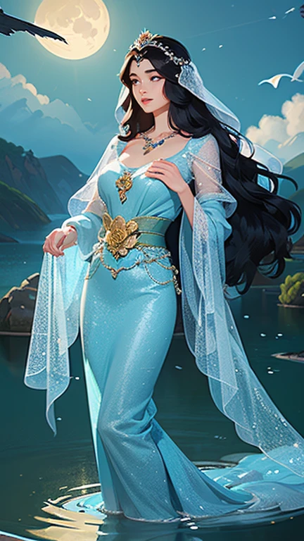 (masterpiece,Highest quality,,8k,High resolution),One female,,Beautiful Face,Beautiful Face,Beautiful eyes,Beautiful lips,Compassionate Mother Kannon,Black Hair,,Wave,,Standing on the surface of the water,,flower,bird,,moon,,jewelry,Holding,Long sleeve,Veil,necklace,Lotus,Long Hair,dress,(whole body),Highly detailed CG,