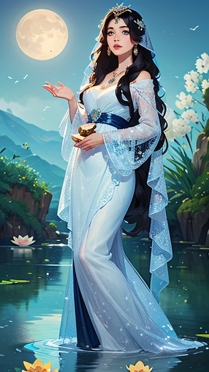 (masterpiece,Highest quality,,8k,High resolution),One female,,Beautiful Face,Beautiful Face,Beautiful eyes,Beautiful lips,Compassionate Mother Kannon,Black Hair,,Wave,,Standing on the surface of the water,,flower,bird,,moon,,jewelry,Holding,Long sleeve,Veil,necklace,Lotus,Long Hair,dress,(whole body),Highly detailed CG,