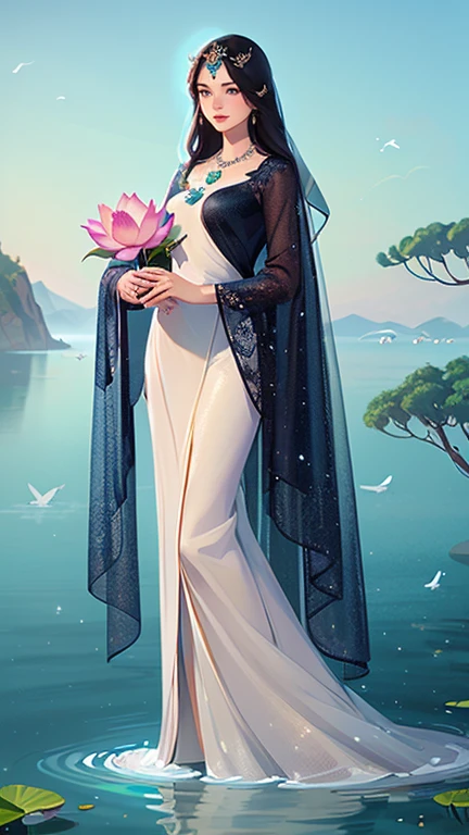 (masterpiece,Highest quality,,8k,High resolution),One female,,Beautiful Face,Beautiful Face,Beautiful eyes,Beautiful lips,Compassionate Mother Kannon,Black Hair,,Wave,,Standing on the surface of the water,,flower,bird,,moon,,jewelry,Holding,Long sleeve,Veil,necklace,Lotus,Long Hair,dress,(whole body),Highly detailed CG,