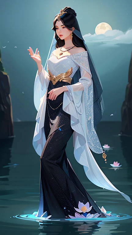 (masterpiece,Highest quality,,8k,High resolution),One female,,Beautiful Face,Beautiful Face,Beautiful eyes,Beautiful lips,Compassionate Mother Kannon,Black Hair,,Wave,,Standing on the surface of the water,,flower,bird,,moon,,jewelry,Holding,Long sleeve,Veil,necklace,Lotus,Long Hair,dress,(whole body),Highly detailed CG,