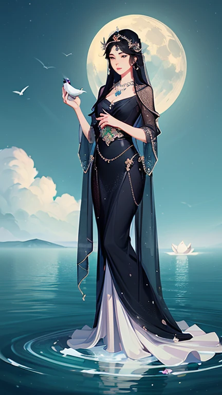 (masterpiece,Highest quality,,8k,High resolution),One female,,Beautiful Face,Beautiful Face,Beautiful eyes,Beautiful lips,Compassionate Mother Kannon,Black Hair,,Wave,,Standing on the surface of the water,,flower,bird,,moon,,jewelry,Holding,Long sleeve,Veil,necklace,Lotus,Long Hair,dress,(whole body),Highly detailed CG,