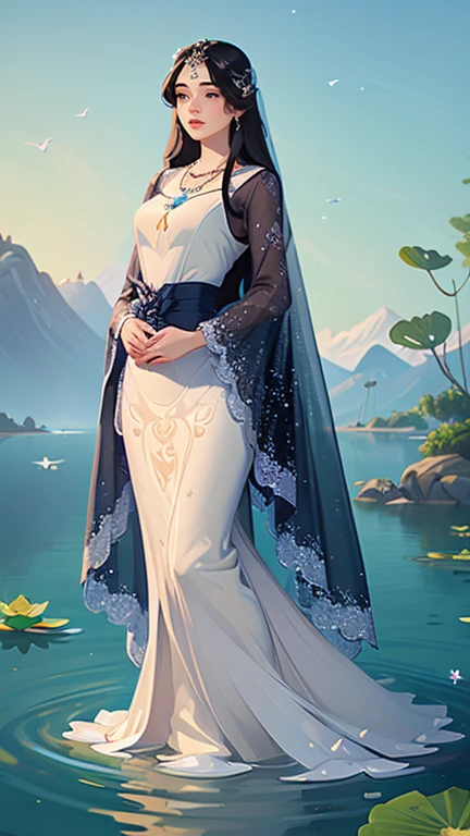 (masterpiece,Highest quality,,8k,High resolution),One female,,Beautiful Face,Beautiful Face,Beautiful eyes,Beautiful lips,Compassionate Mother Kannon,Black Hair,,Wave,,Standing on the surface of the water,,flower,bird,,moon,,jewelry,Holding,Long sleeve,Veil,necklace,Lotus,Long Hair,dress,(whole body),Highly detailed CG,