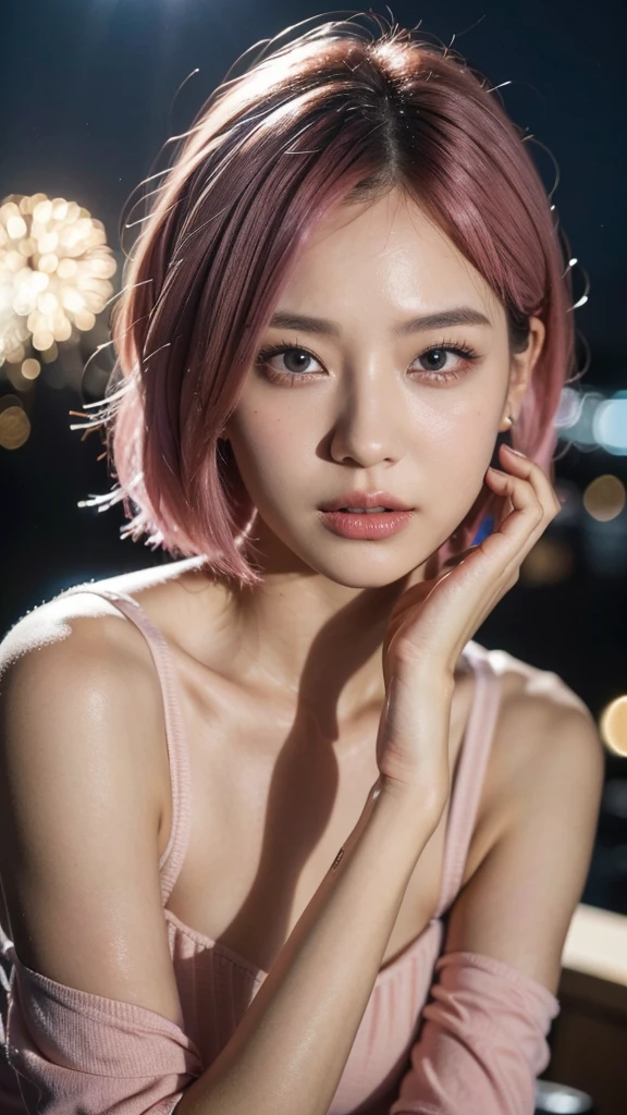 Model actress、One Woman、cool、Japanese and half European、Close-up of face、30 generation beauty、Realistic Skin、4K images、bright pink hair、Short Hair、The background is fireworks