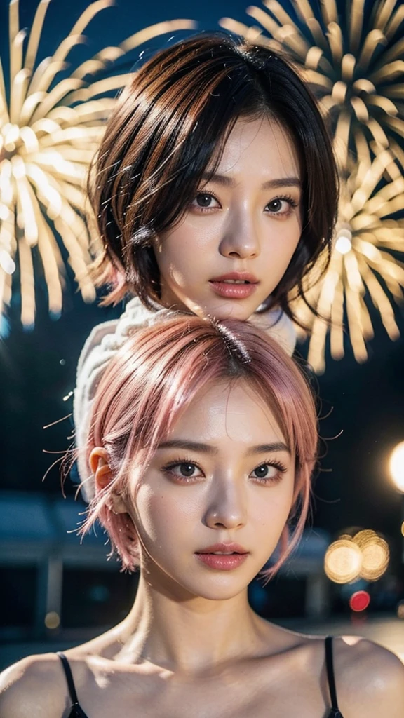 Model actress、One Woman、cool、Japanese and half European、Close-up of face、30 generation beauty、Realistic Skin、4K images、bright pink hair、Short Hair、The background is blurred fireworks.