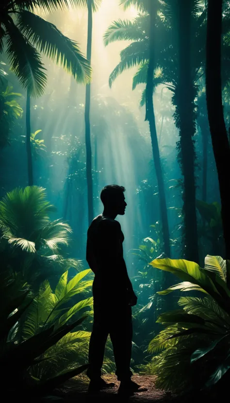 realistic photography,a figure,silhouetted against the vibrant, fresh glow of an tropical forest,stands defiant. the stark contr...