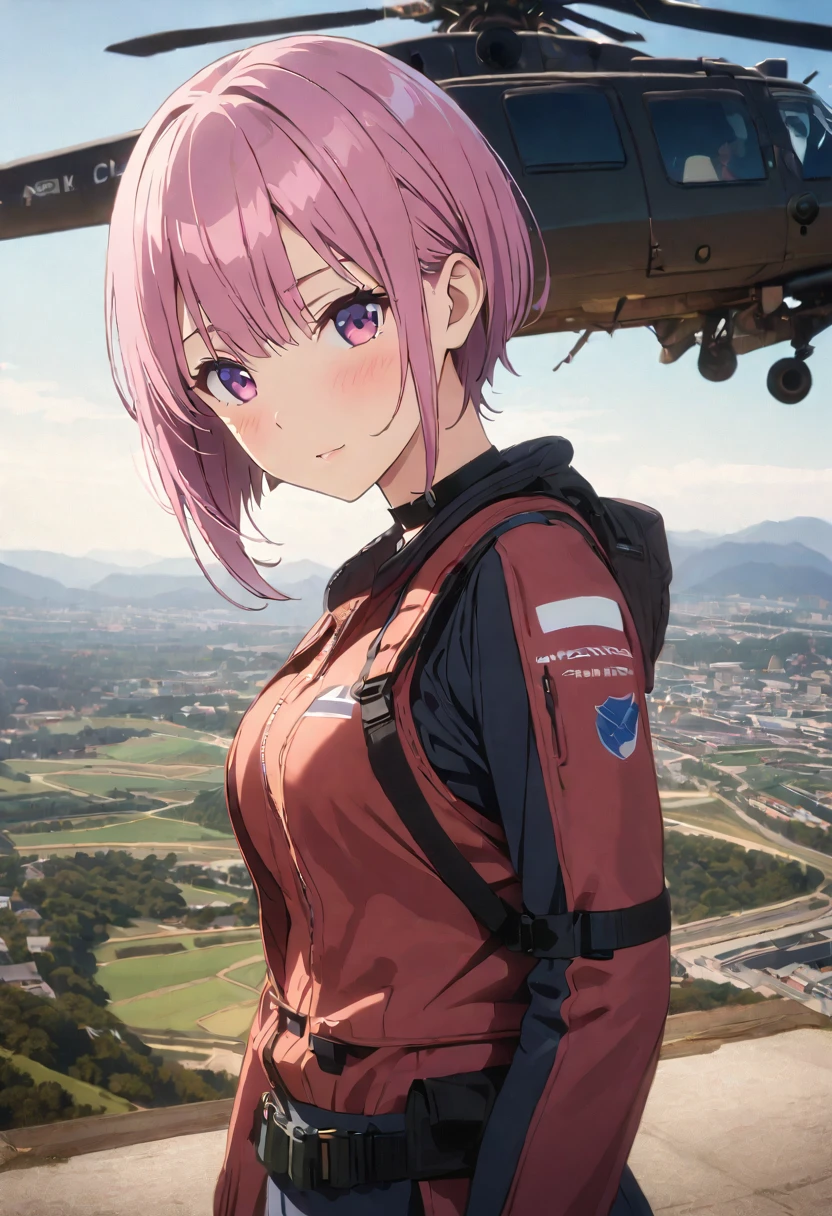 (Highest quality, 4K, 8k, High resolution, masterpiece:1.2), Very detailed, Picturesque, Anime style photo, Photo Anime:1.37)、Japanese、(Pink hair)、(pixie cut)、Air Base、Black choker、camouflage fighter pilot suit、Standing next to the Parked Attack helicopter、Panoramic view、Nakano Ichika