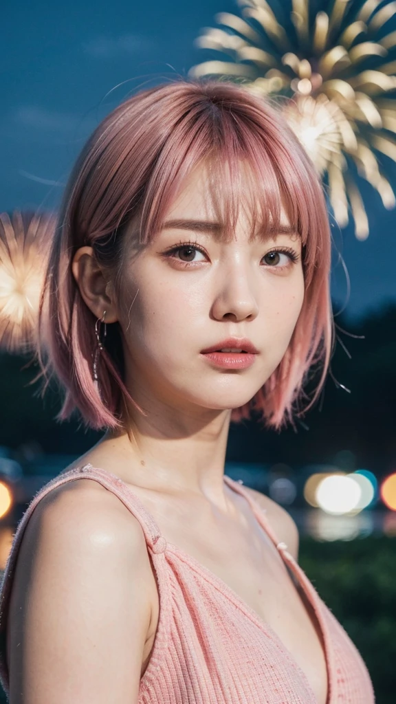 Model actress、One Woman、cool、Japanese and half European、Close-up of face、30 generation beauty、Realistic Skin、4K images、bright pink hair、Short Hair、The background is blurred fireworks.、night、Summer clothing