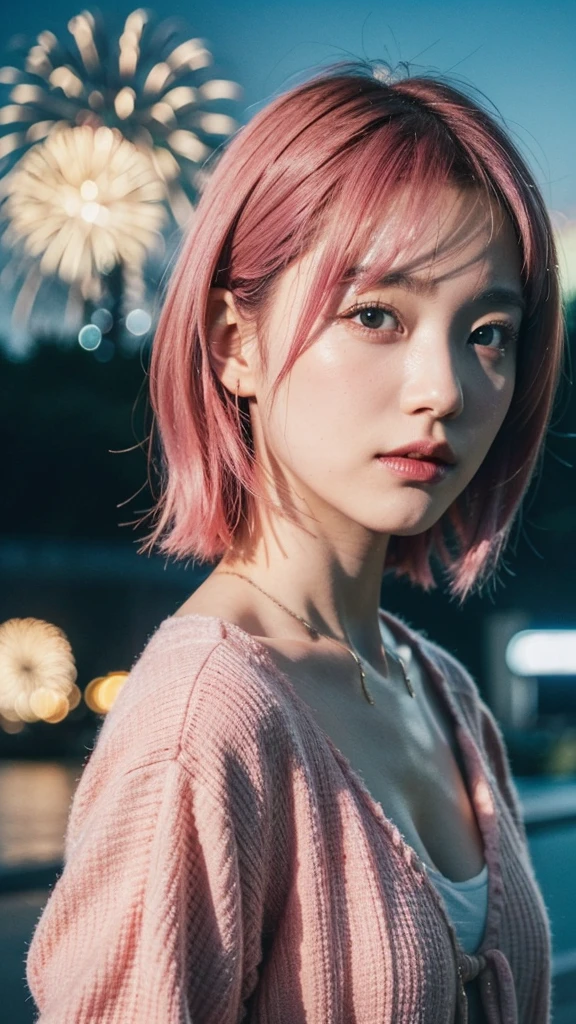 Model actress、One Woman、cool、Japanese and half European、Close-up of face、30 generation beauty、Realistic Skin、4K images、bright pink hair、Short Hair、The background is blurred fireworks.、night、Summer clothing