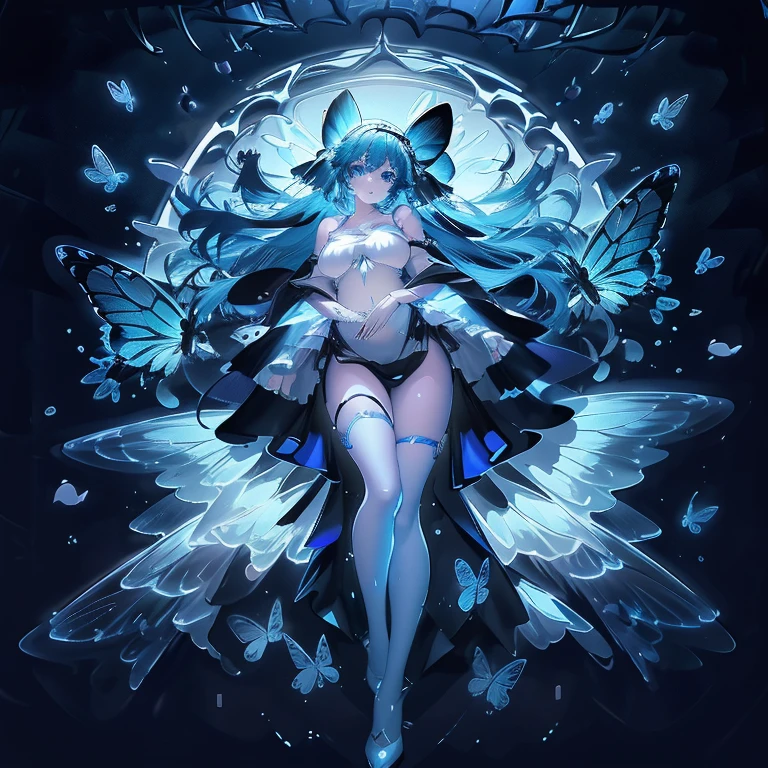 Lots of blue butterflies、Background Black、Line art、Neon LightThe overall look is dark，Blue glow, Glowing Blue, Glowing Details!, Glowing Aesthetics, Shining with Magical Light, White Glowing Veins, Glowing Details, Shimmering with Colorful Lights, Bioluminescent Skin!, with Glowing Blue lights, anime characters; full body art, Glow effect, Luminous veins, Blue light. fantasy, A cartoon girl in a glowing outfit sits on the ground. The neon on her body is the light source.
