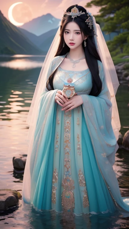 (masterpiece,Highest quality,,8k,High resolution),One female,,Beautiful Face,Beautiful Face,Beautiful eyes,Beautiful lips,Compassionate Mother Kannon,Black Hair,,Wave,,Standing on the surface of the water,,flower,bird,,moon,,jewelry,Holding,Long sleeve,Veil,necklace,Lotus,Long Hair,dress,(whole body),Highly detailed CG,