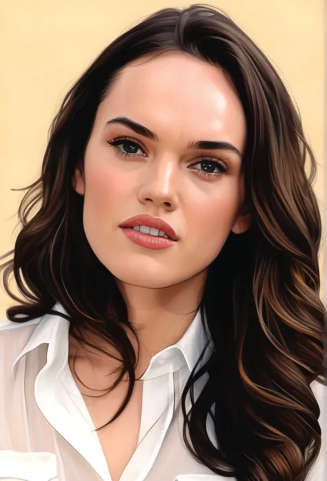 (daisy ridley)drawing of the face of a 35 year old woman,long hair,dark haired,white satin shirt with biggest busty