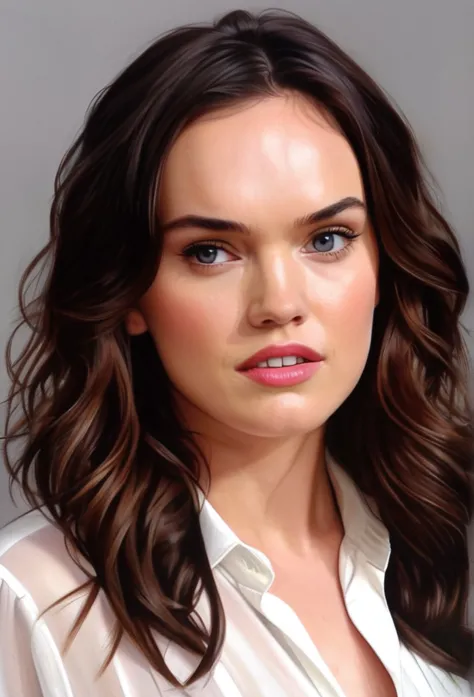 (daisy ridley)drawing of the face of a 35 year old woman,long hair,dark haired,white satin shirt with biggest busty