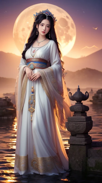 (masterpiece,Highest quality,,8k,High resolution),One female,,Beautiful Face,Beautiful Face,Beautiful eyes,Beautiful lips,Compassionate Mother Kannon,Black Hair,,Wave,,Standing on the surface of the water,,flower,bird,,moon,,jewelry,Holding,Long sleeve,Veil,necklace,Lotus,Long Hair,dress,(whole body),Highly detailed CG,