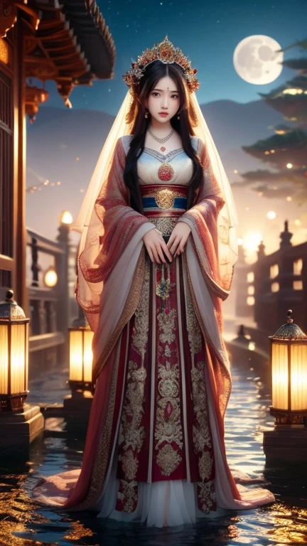 (masterpiece,Highest quality,,8k,High resolution),One female,,Beautiful Face,Beautiful Face,Beautiful eyes,Beautiful lips,Compassionate Mother Kannon,Black Hair,,Wave,,Standing on the surface of the water,,flower,bird,,moon,,jewelry,Holding,Long sleeve,Veil,necklace,Lotus,Long Hair,dress,(whole body),Highly detailed CG,