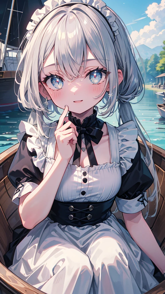 (8k, Highest quality, masterpiece: 1.2),Ultra-high resolution, 1 person, solo, Color changing eyes, Ultra-detailed, Expressive eyes, Highly detailed face, Maid clothes, Random Hairstyles、Silver gay hair, Rowboat、lake、sunlight, clavicle, Ecstatic expression,Sparkling、splash, Overall image, 