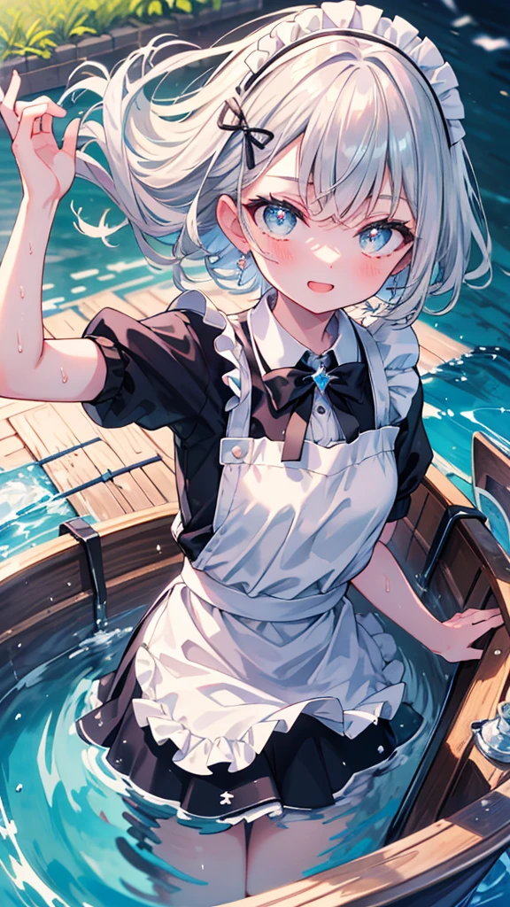 (8k, Highest quality, masterpiece: 1.2),Ultra-high resolution, 1 person, solo, Color changing eyes, Ultra-detailed, Expressive eyes, Highly detailed face, Maid clothes, Random Hairstyles、Silver gay hair, Rowboat、lake、sunlight, clavicle, Ecstatic expression,Sparkling、splash, Overall image, Flooding, 