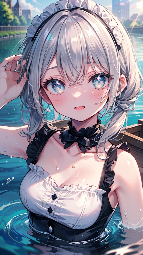 (8k, Highest quality, masterpiece: 1.2),Ultra-high resolution, 1 person, solo, Color changing eyes, Ultra-detailed, Expressive eyes, Highly detailed face, Maid clothes, Random Hairstyles、Silver gay hair, Rowboat、lake、sunlight, clavicle, Ecstatic expression,Sparkling、splash, Overall image, Flooding, 