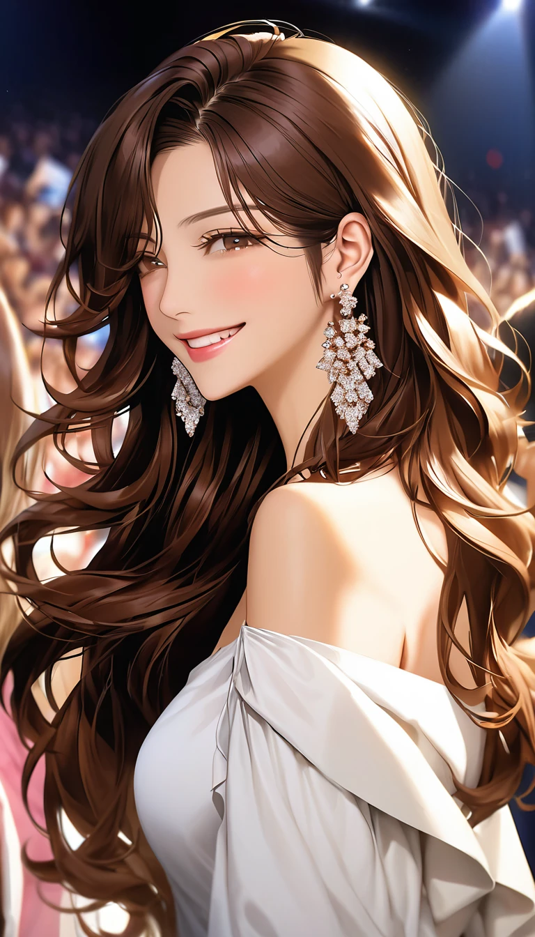 1 Japan、woman、40 years old、Close-up shot, alone, Elegant wavy long hair, Brown Hair, Expose your shoulders, Off-the-shoulder plain long-sleeved T-shirt, Looking at the audience, bangs, Upper Body, Earrings, From the side, jewelry, Mouth closed、smile