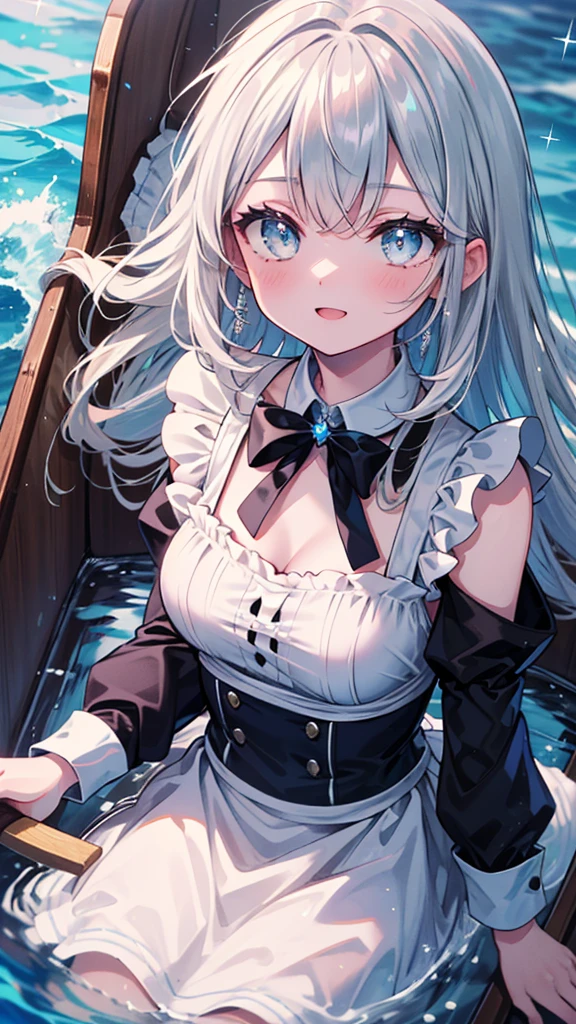 (8k, Highest quality, masterpiece: 1.2),Ultra-high resolution, 1 person, solo, Color changing eyes, Ultra-detailed, Expressive eyes, Highly detailed face, Navy blue maid outfit, Random Hairstyles、Silver gay hair, Rowboat、lake、sunlight, clavicle, Ecstatic expression,Sparkling、splash