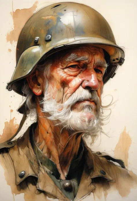 recruit soldier, decrepit old man with a big nose in a helmet, drawing, vintage pencil painting full of detail, watercolor, intr...