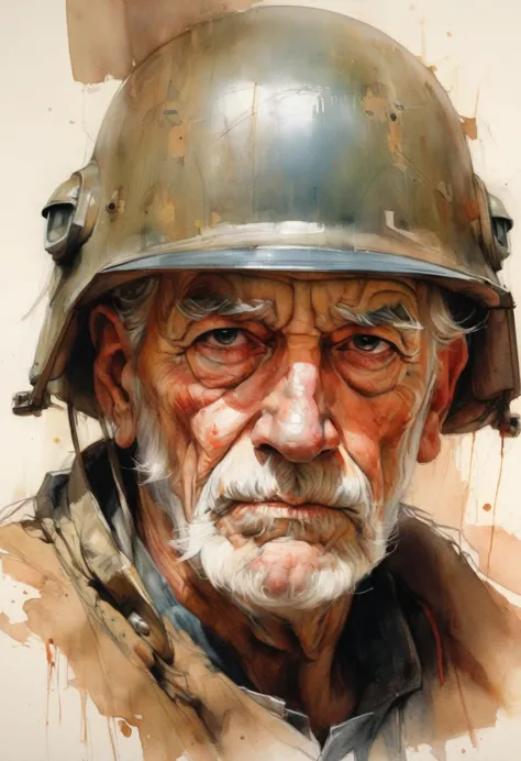 recruit soldier, decrepit old man with a big nose in a helmet, drawing, vintage pencil painting full of detail, watercolor, intr...